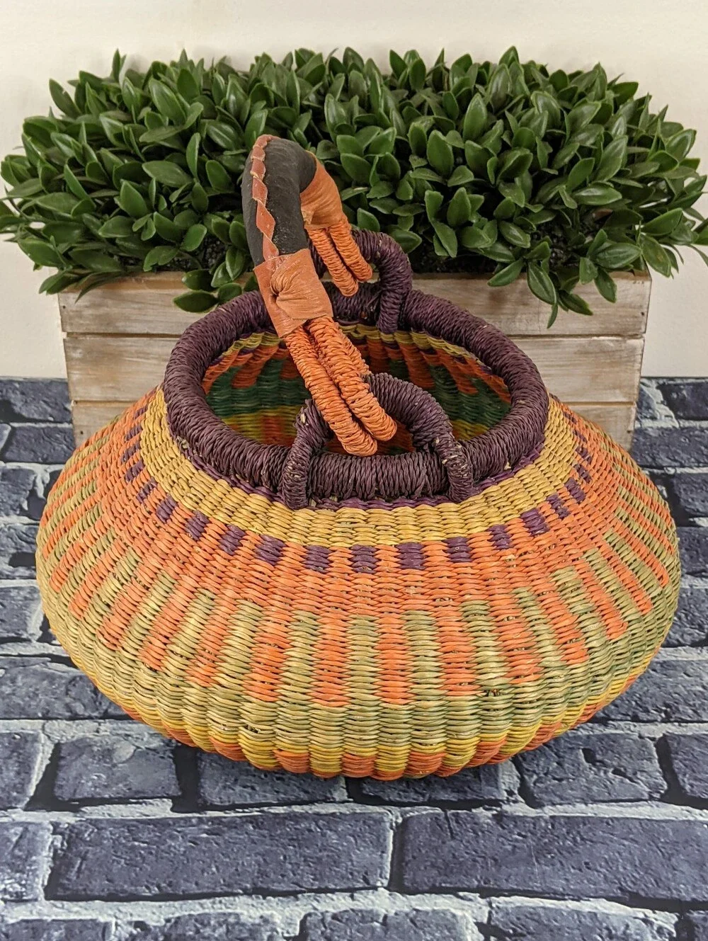 Handwoven African Bolga Basket w/ Wrapped Leather Handle